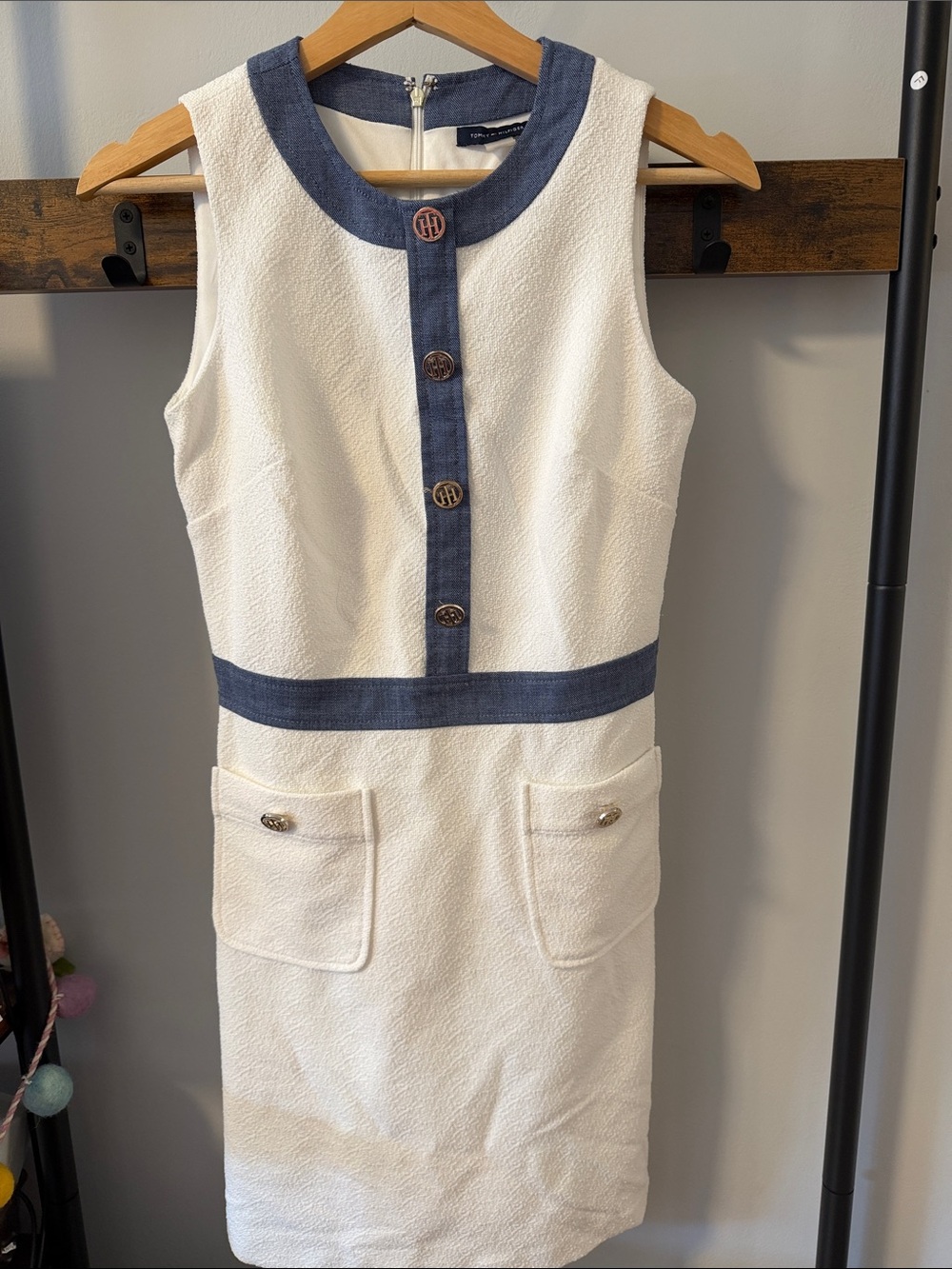 Tommy Hilfiger White Sleeveless Sheath Dress with Denim-Blue Trim